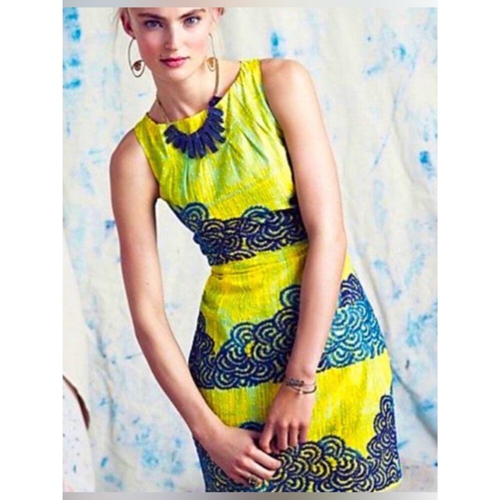 Anthropologie Tabitha Dress Shift Azure Scroll Yellow Blue Swiss Dot Cotton Sz 2